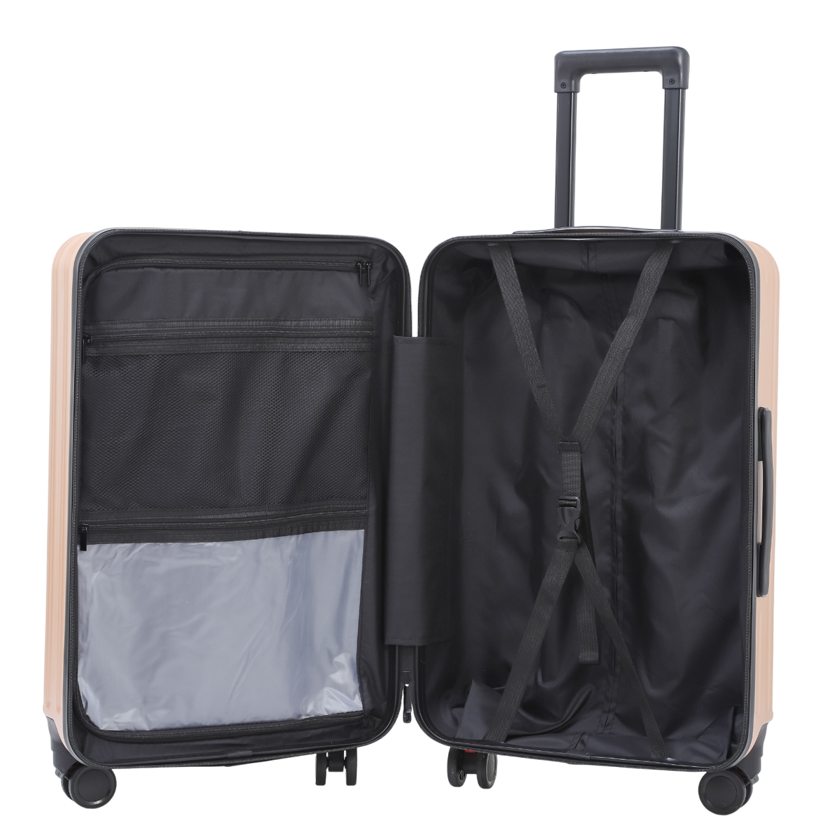 Horizon 2.0 suitcase in gold with interior compartments and packing straps – open