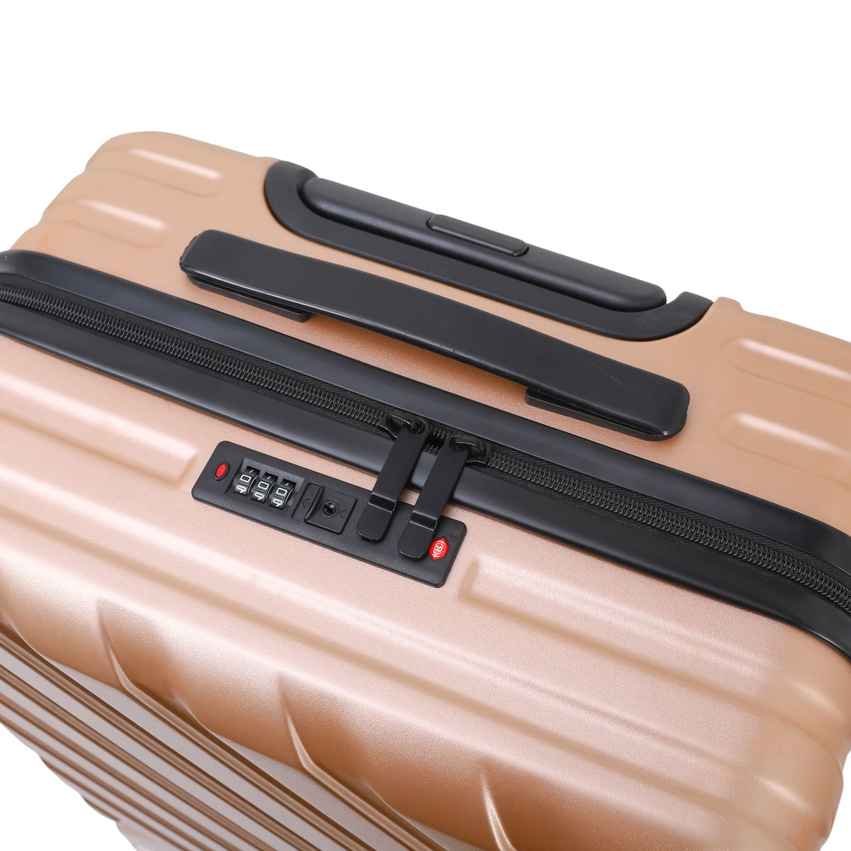 Suitcase in gold with a telescopic handle and a TSA lock – detail view, black details