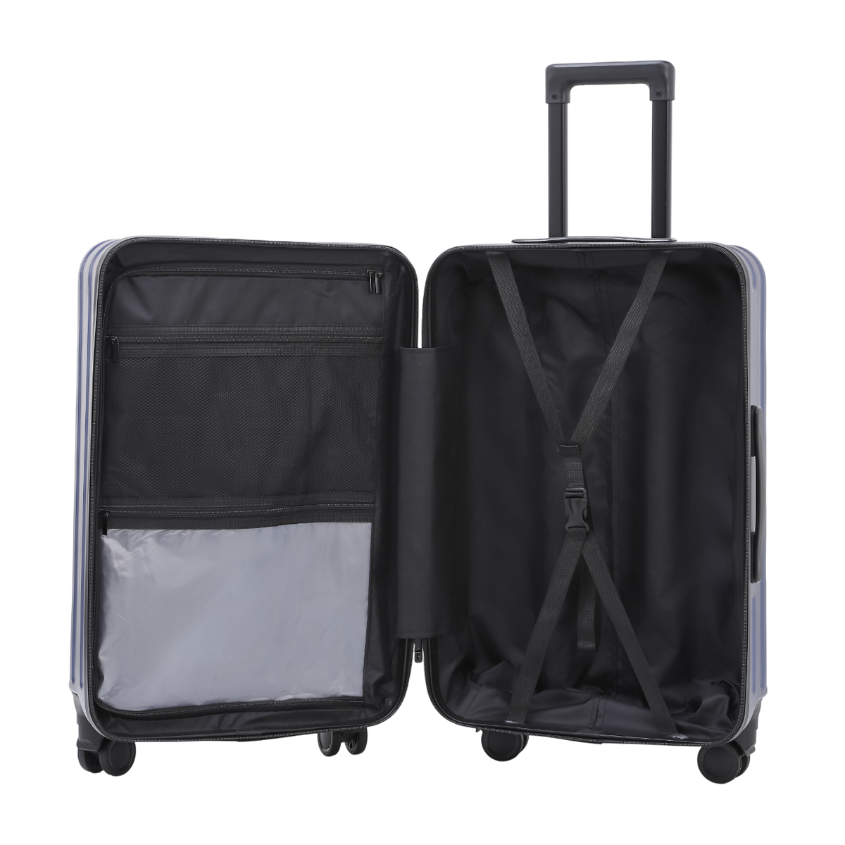 Horizon 2.0 suitcase in blue with zippered pockets, a packing system and packing straps – open