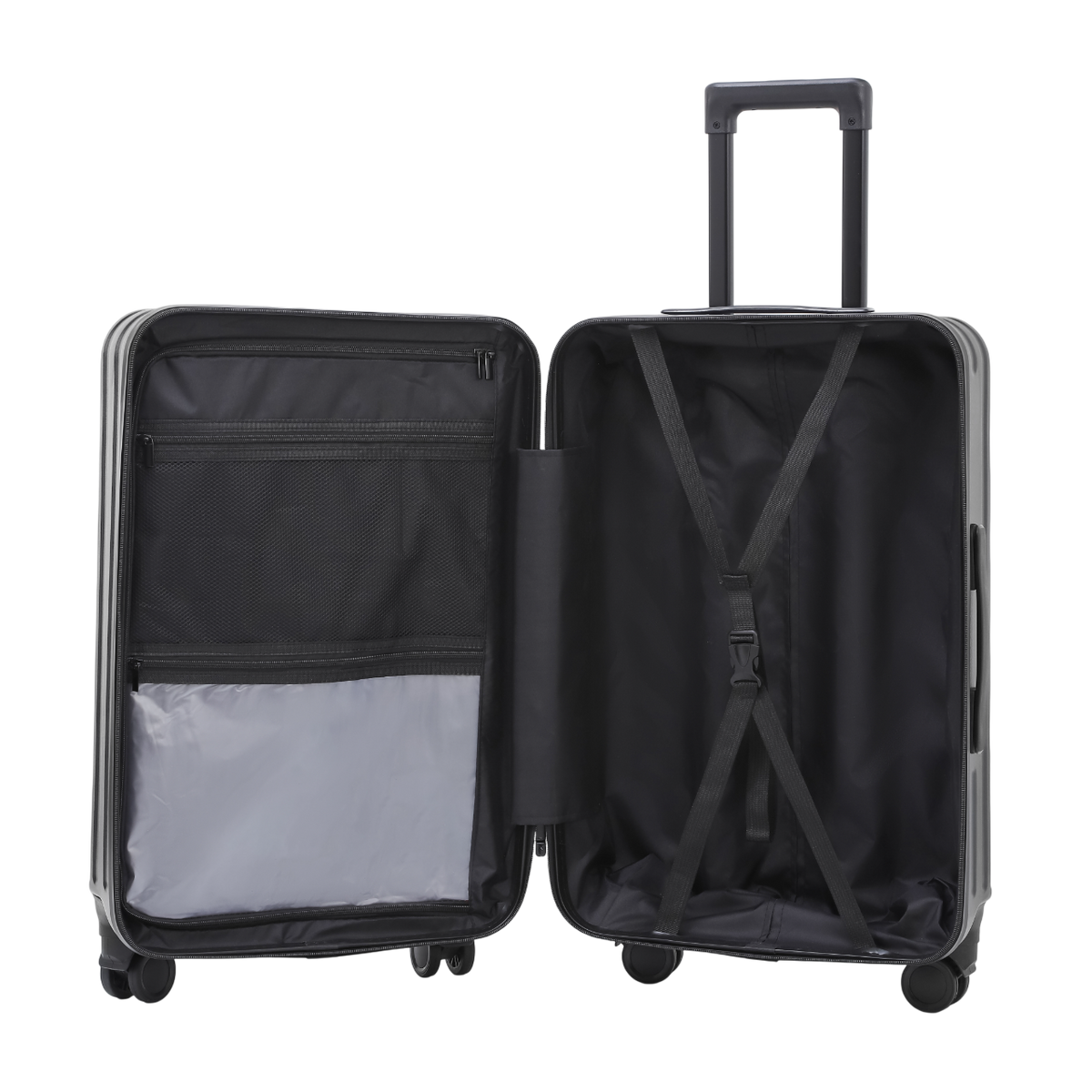 Nomado Horizon 2.0 suitcase in black with a packing system and packing straps – open