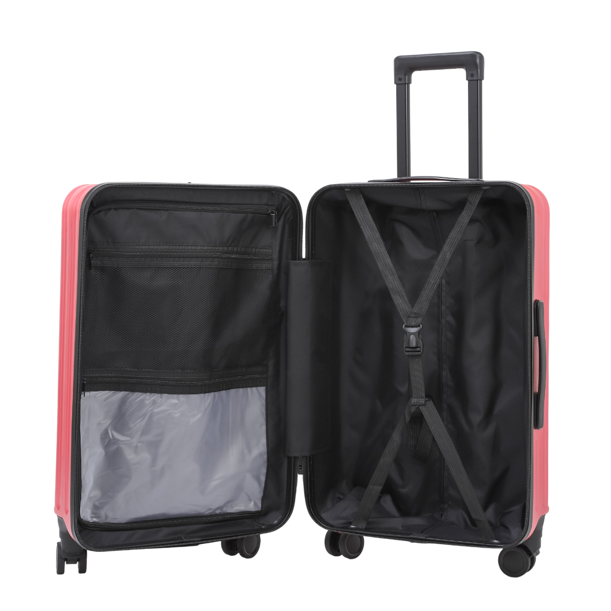 Nomado Horizon 2.0 suitcase in light pink with a telescopic handle, a zippered compartment and packing straps – open