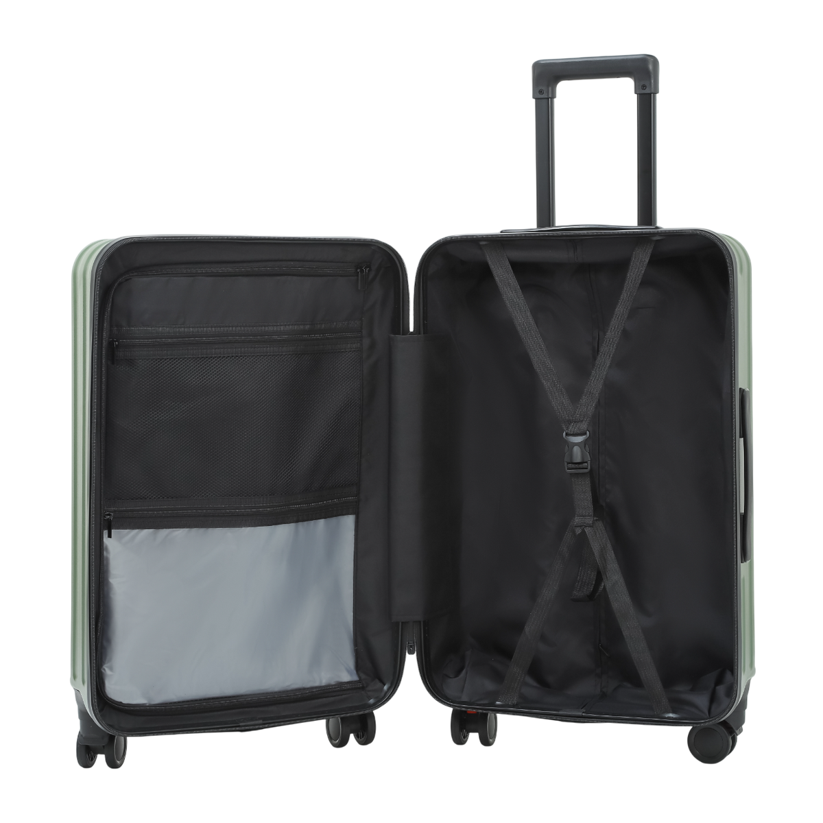 Nomado Horizon 2.0 suitcase in green with pockets and packing straps – open