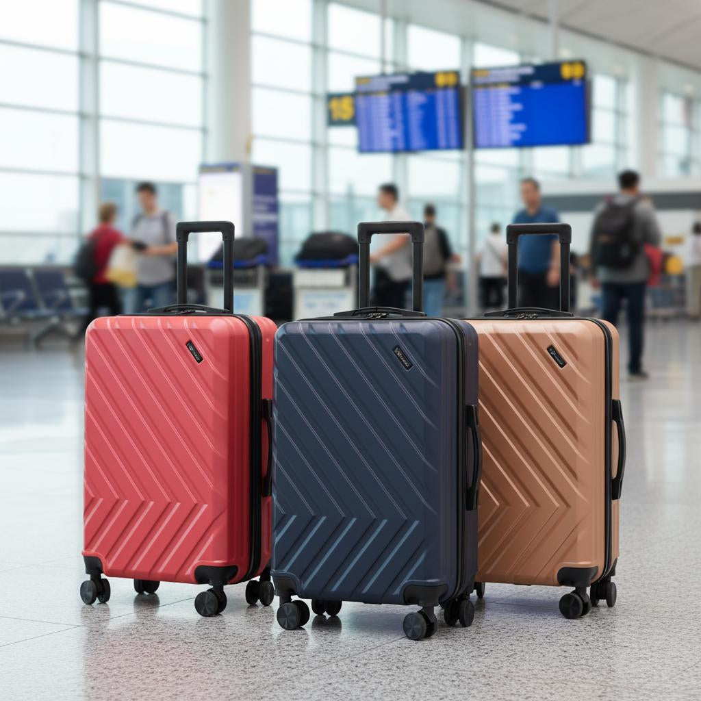 Three Nomado Horizon suitcases in red, blue and gold at an airport
